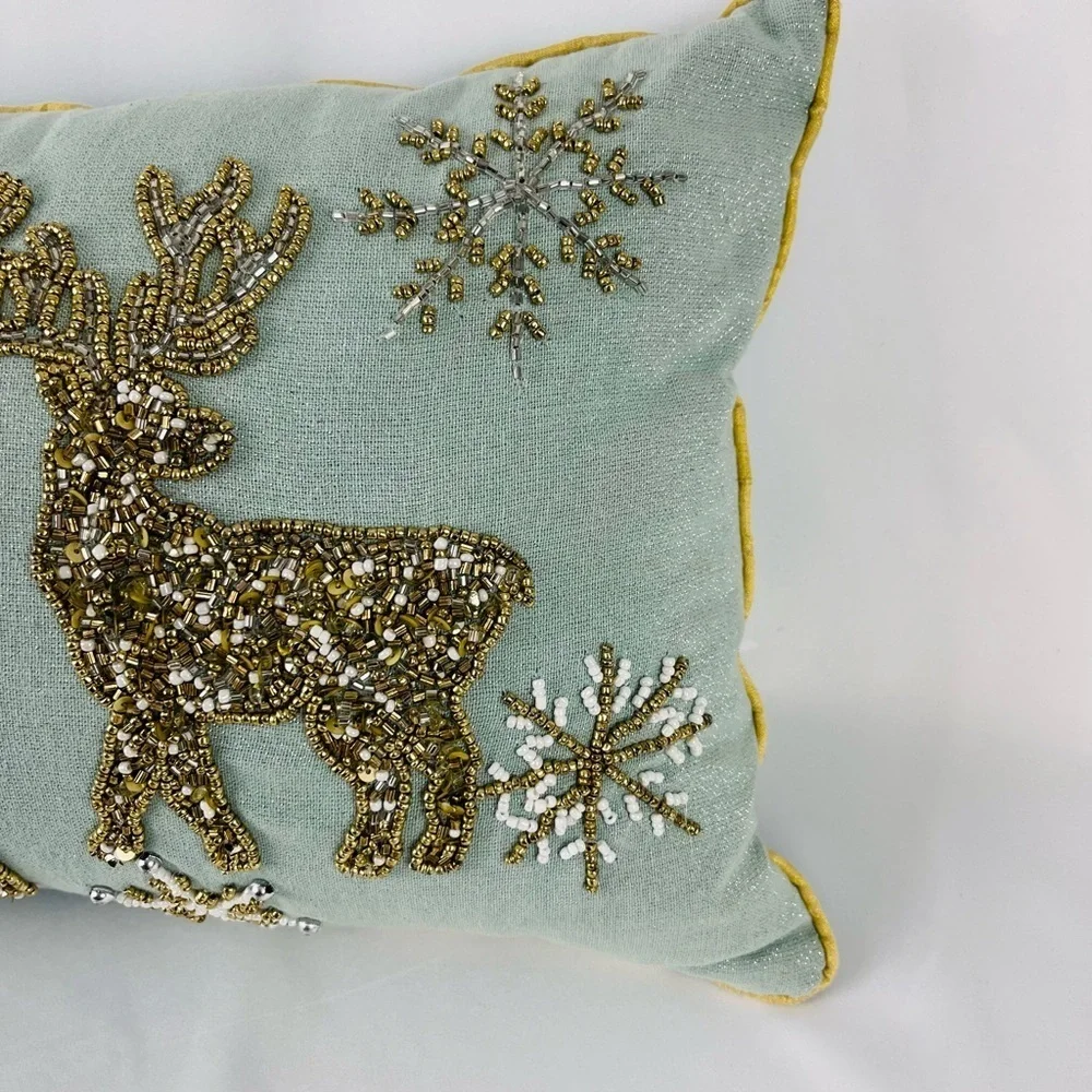 Liberty Beaded Reindeer Snowflake Lumbar Accent Throw Pillow Teal Gold Bronze